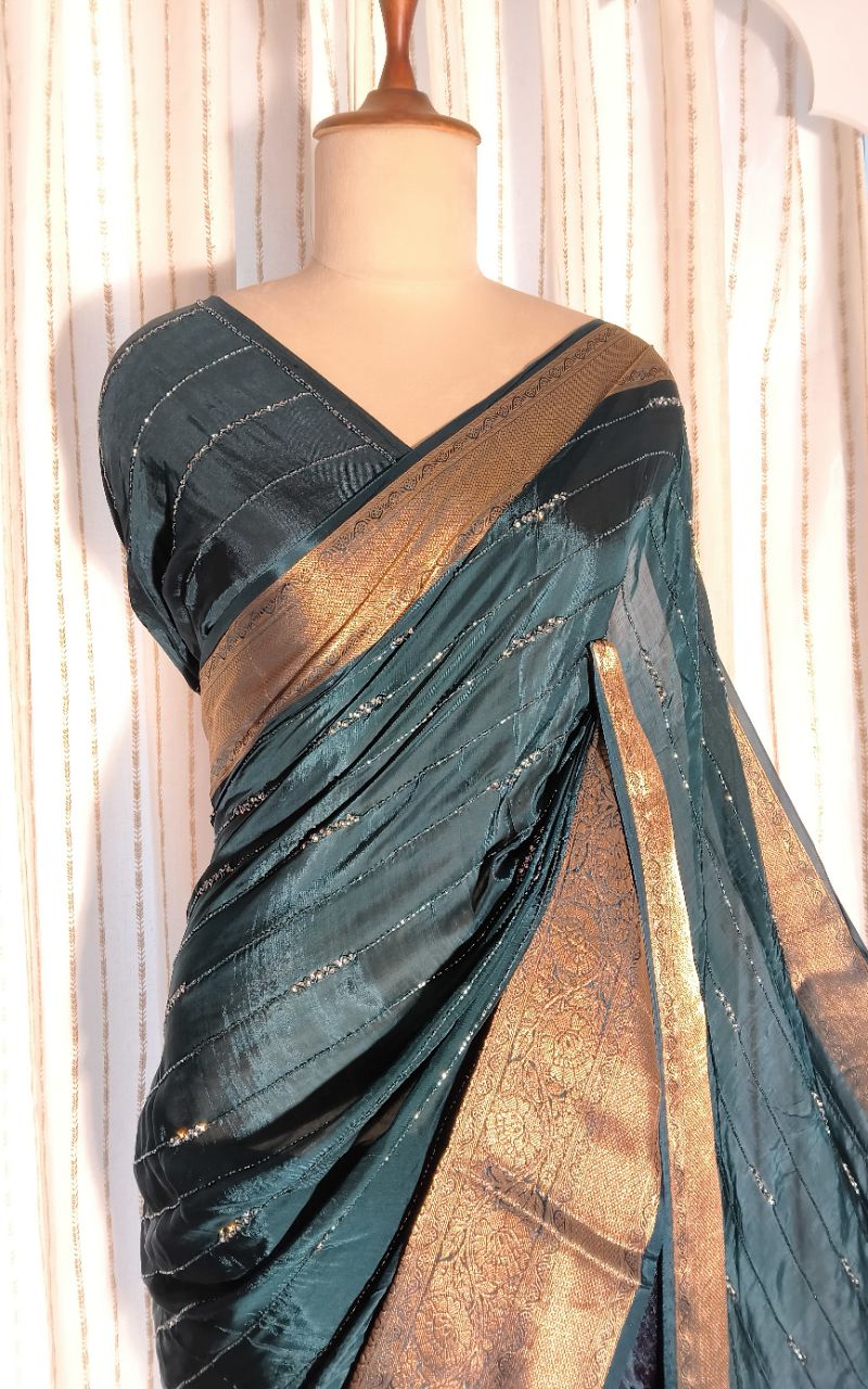 Banarasi border hank work russian silk saree view 8
