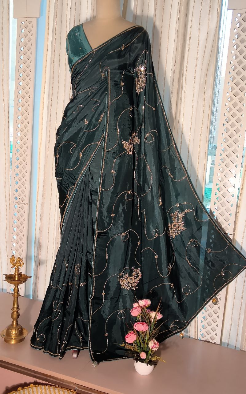 Fancy silk hand work saree cutdana, zardozi work view 2