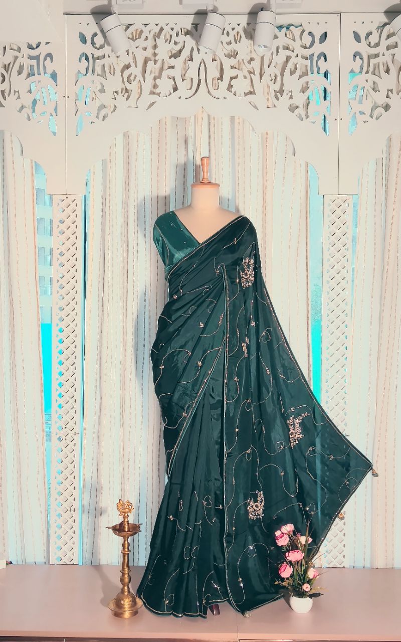 Fancy silk hand work saree cutdana, zardozi work view 5
