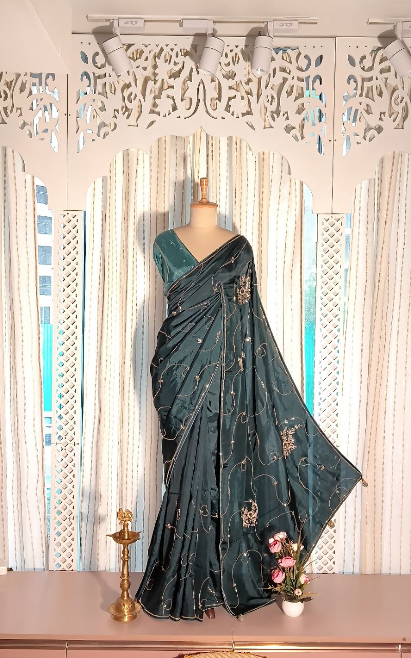 Fancy silk hand work saree cutdana, zardozi work view 4