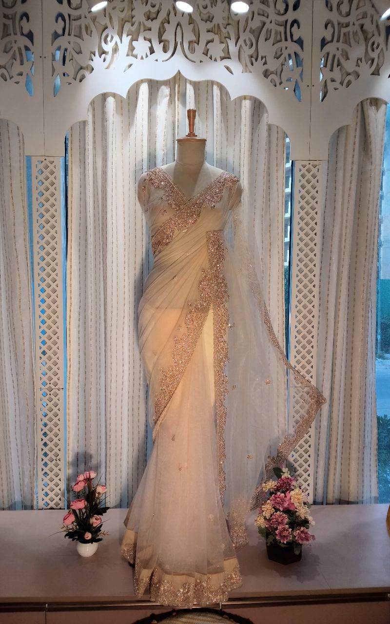 Designer Net Saree With Hand Work view 4