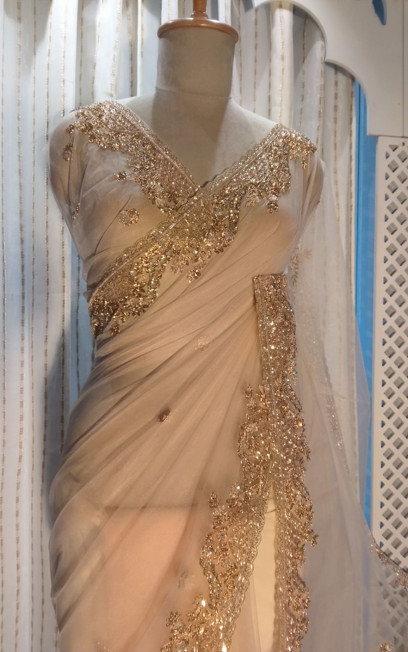 Designer Net Saree With Hand Work view 5