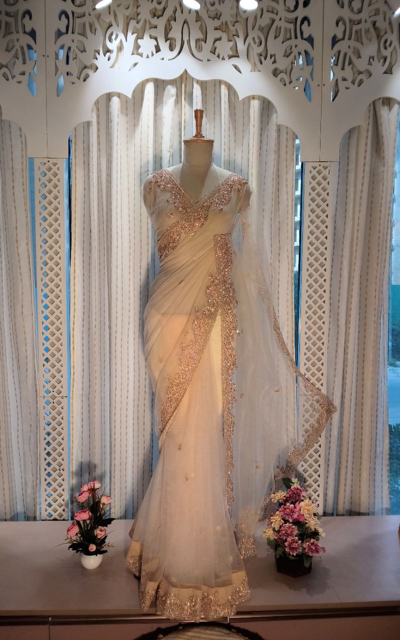 Designer Net Saree With Hand Work view 7