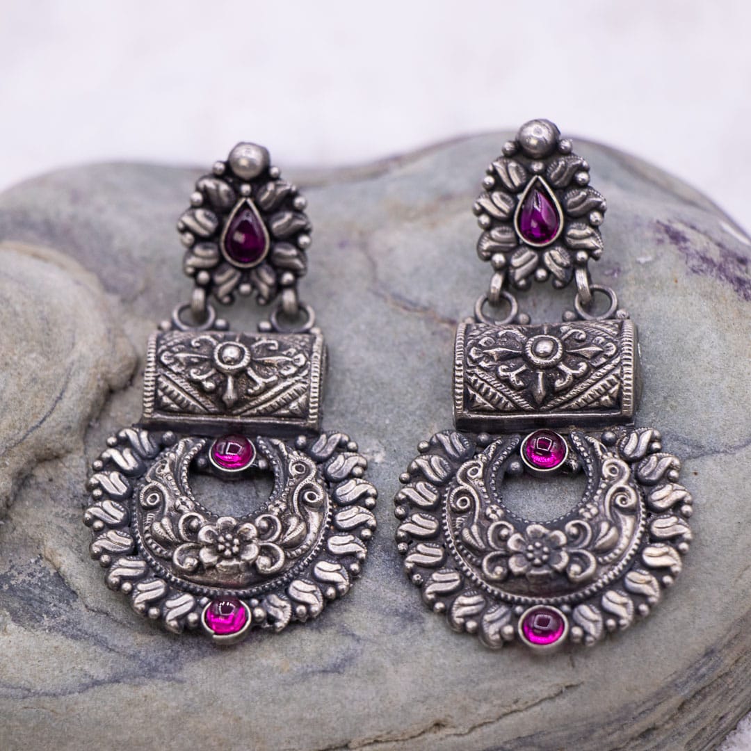 Ethnic Silver Earrings Purple view 2