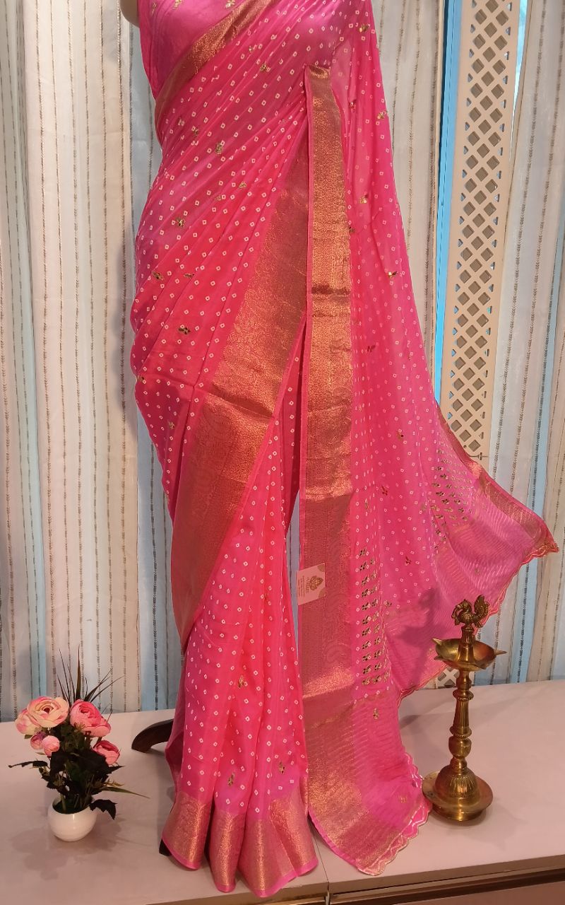 Dola silk Bandhani with gotta patti work. view 6