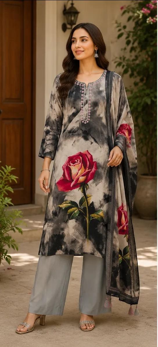 Printed Embroidered Cotton Muslin Silk Stitched Suit - Gry 3XL / HC002060 view 2