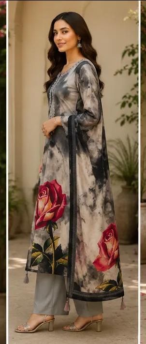 Printed Embroidered Cotton Muslin Silk Stitched Suit - Gry 3XL / HC002060 view 3
