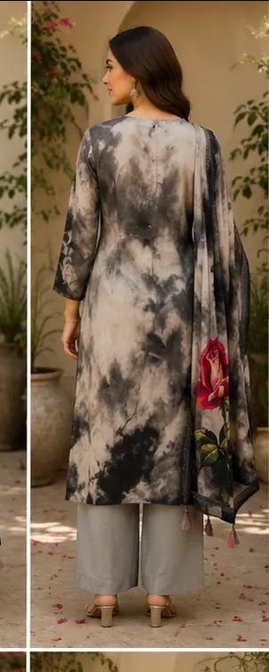 Printed Embroidered Cotton Muslin Silk Stitched Suit - Gry 3XL / HC002060 view 4