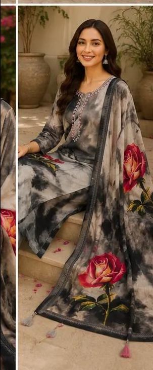 Printed Embroidered Cotton Muslin Silk Stitched Suit - Gry 3XL / HC002060 view 5