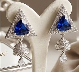 American Diamond Royal Blue Triangular Designer Earrings view 2
