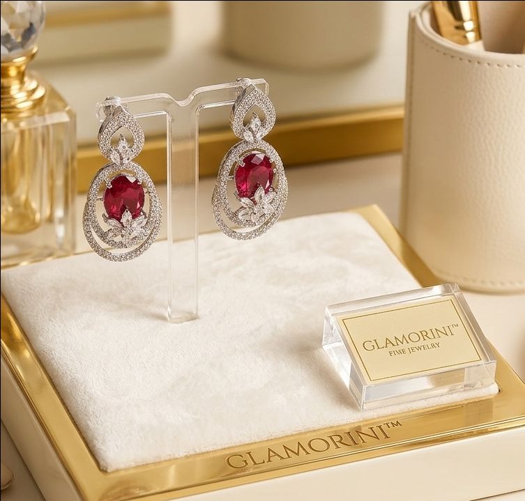 American Diamond Red Ruby Floral Earrings view 2