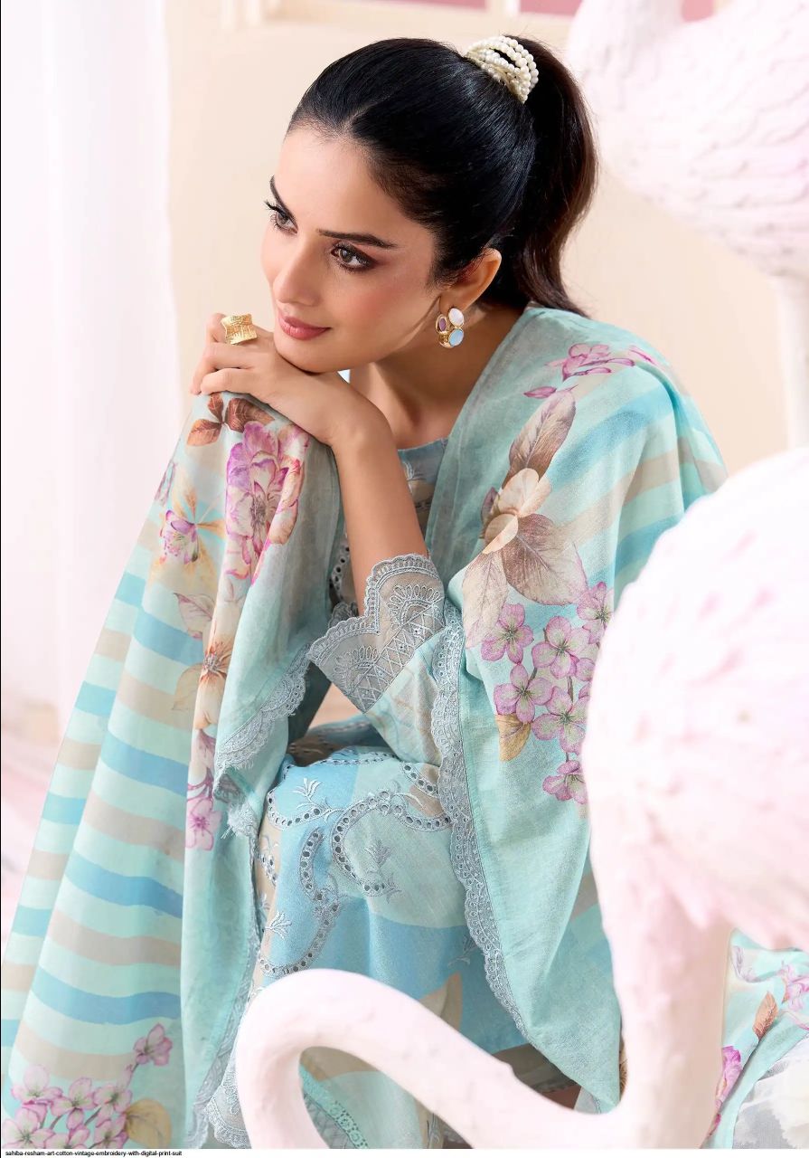RESHAM ART COTTON VINTAGE EMBROIDERY WITH DIGITAL PRINT UNSTITCHED SUIT - 928 / HC002473 view 3