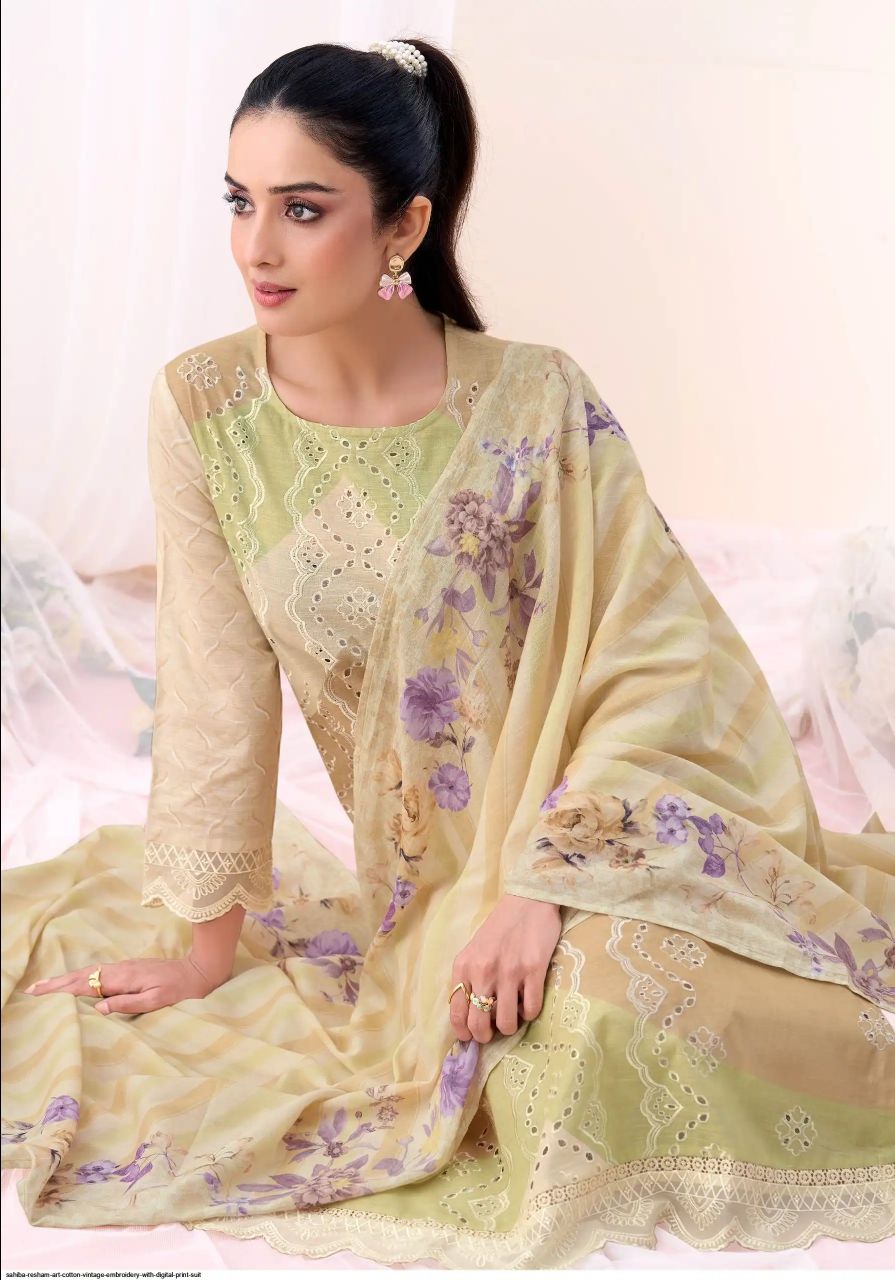 RESHAM ART COTTON VINTAGE EMBROIDERY WITH DIGITAL PRINT UNSTITCHED SUIT - 965 / HC002473 view 2