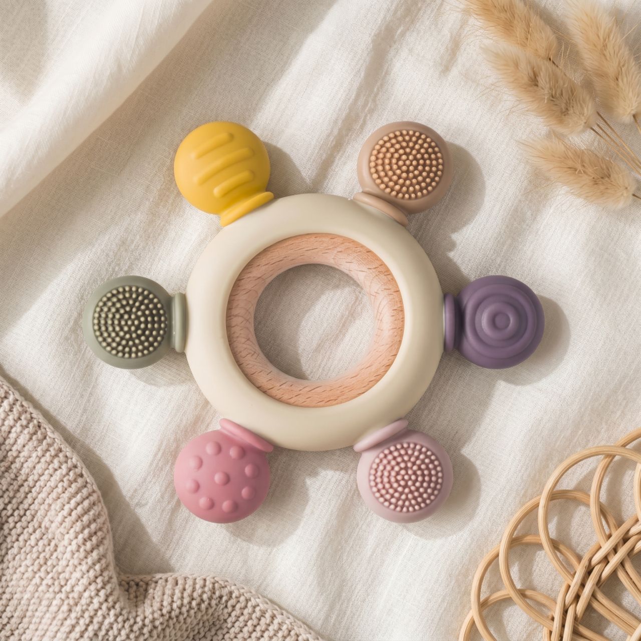 Blushbaby Silicone & Wooden Baby Teether for 3+ Months Babies | BPA Free Soft Chew Teething Ring for Infants & Newborns | Safe Sensory Teether for Gum Relief | Round Shape | Beige
