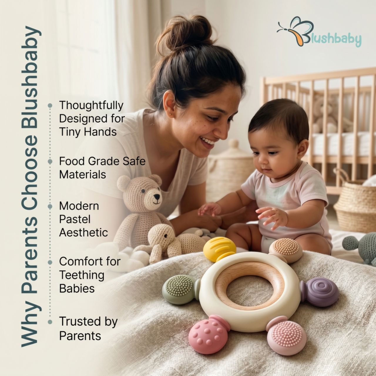 Blushbaby Silicone & Wooden Baby Teether for 3+ Months Babies | BPA Free Soft Chew Teething Ring for Infants & Newborns | Safe Sensory Teether for Gum Relief | Round Shape | Beige view 4