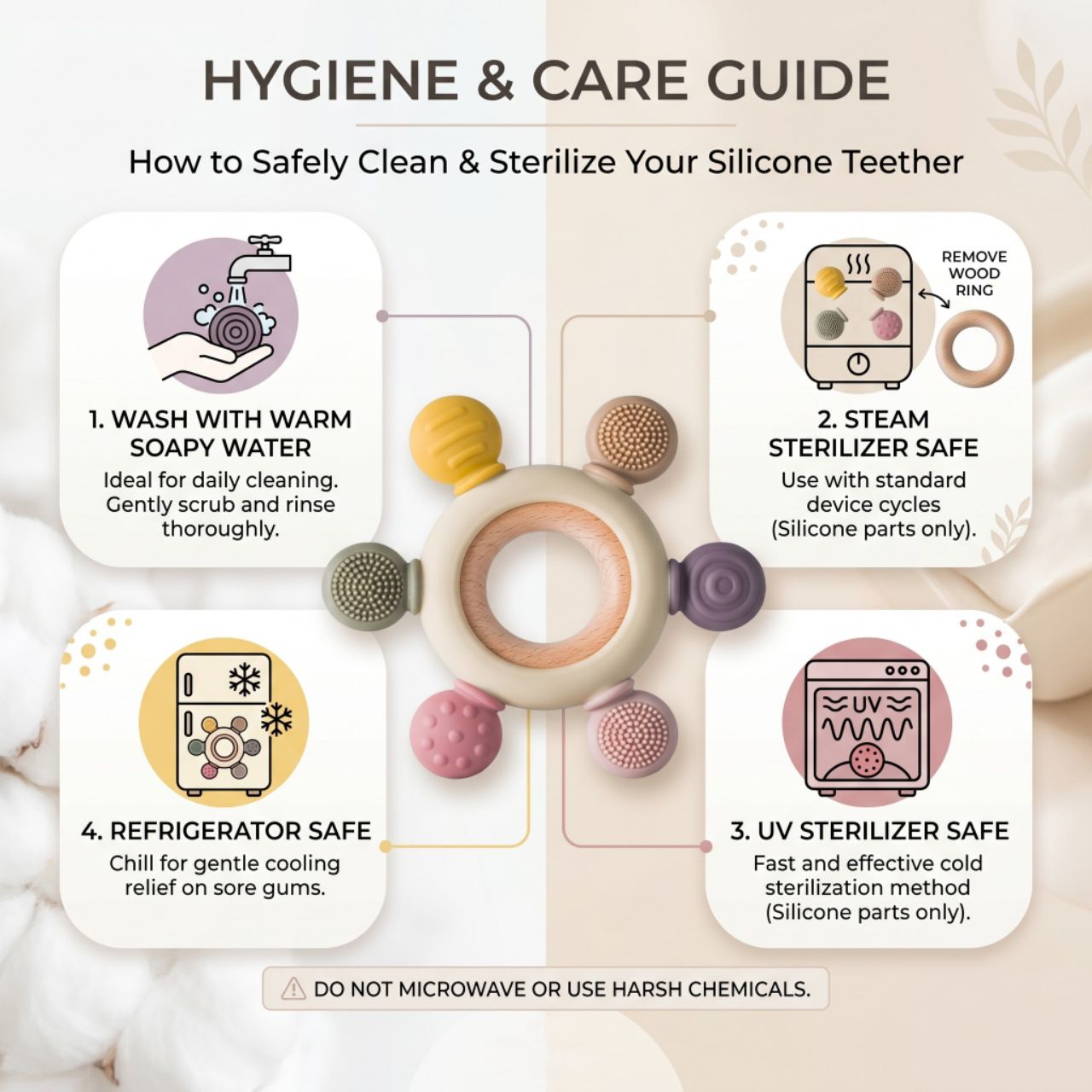 Blushbaby Silicone & Wooden Baby Teether for 3+ Months Babies | BPA Free Soft Chew Teething Ring for Infants & Newborns | Safe Sensory Teether for Gum Relief | Round Shape | Beige view 7