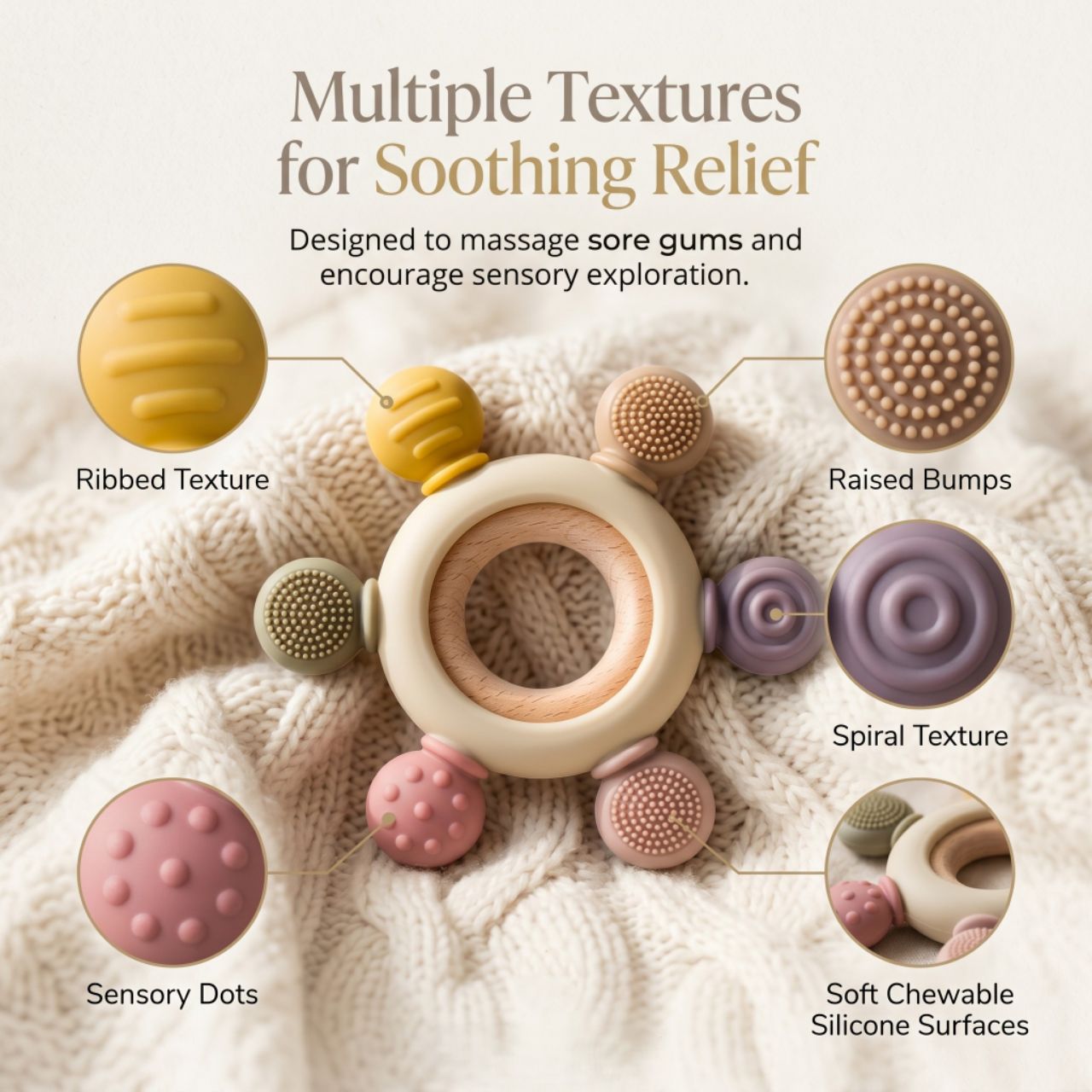 Blushbaby Silicone & Wooden Baby Teether for 3+ Months Babies | BPA Free Soft Chew Teething Ring for Infants & Newborns | Safe Sensory Teether for Gum Relief | Round Shape | Beige view 6