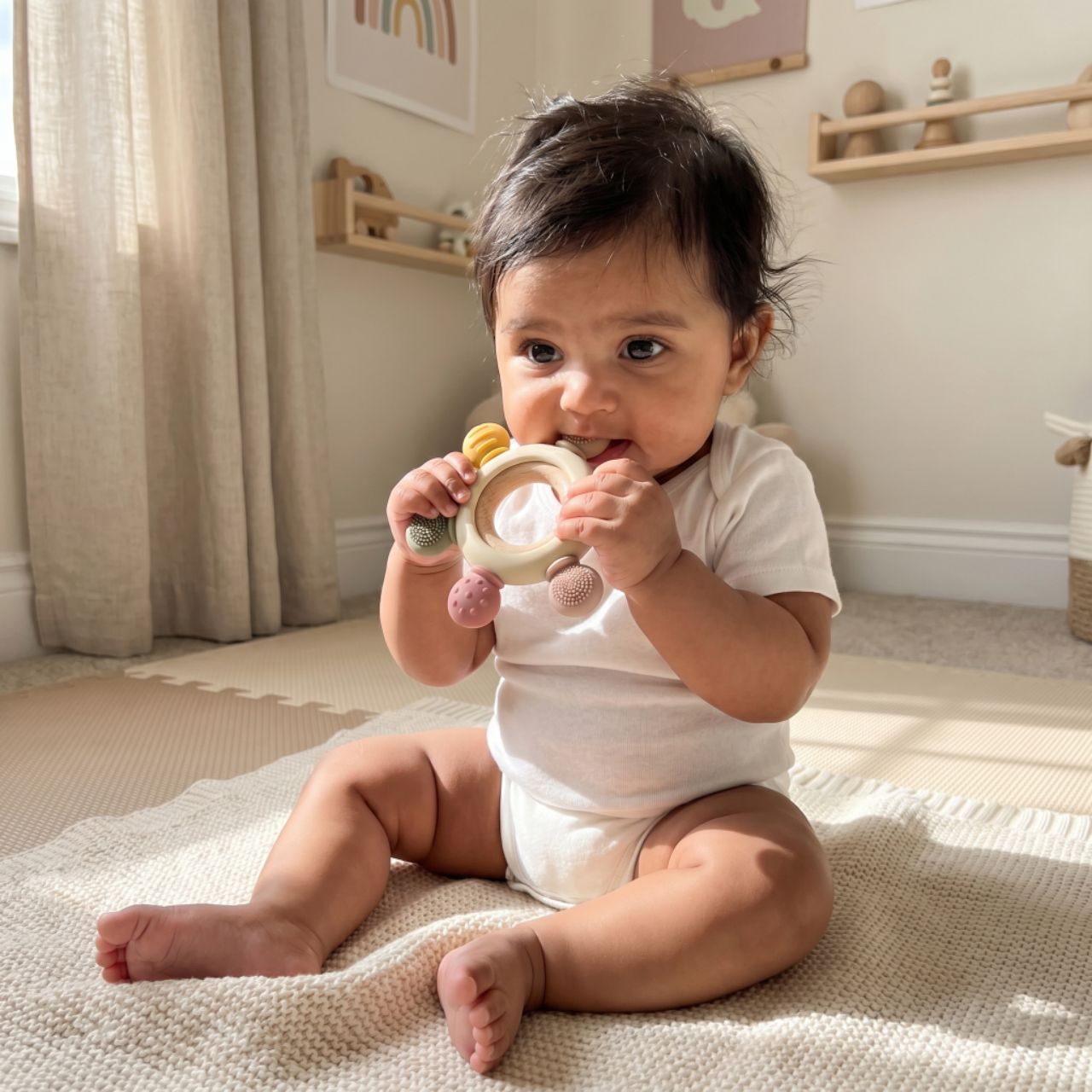 Blushbaby Silicone & Wooden Baby Teether for 3+ Months Babies | BPA Free Soft Chew Teething Ring for Infants & Newborns | Safe Sensory Teether for Gum Relief | Round Shape | Beige view 5