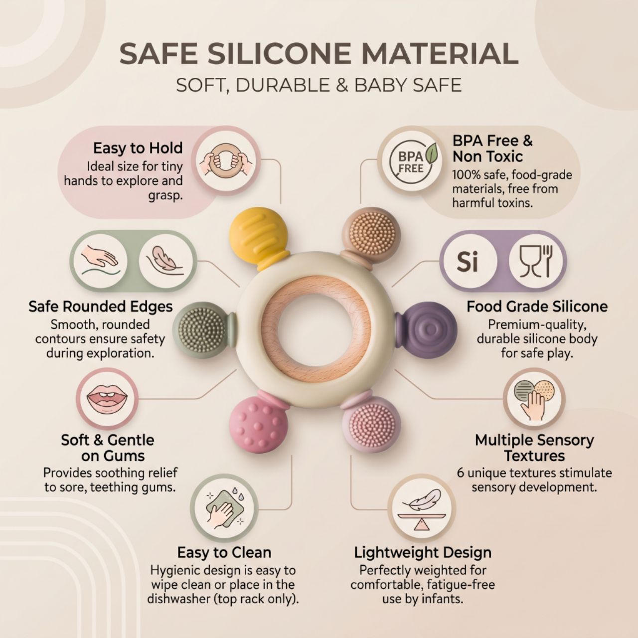 Blushbaby Silicone & Wooden Baby Teether for 3+ Months Babies | BPA Free Soft Chew Teething Ring for Infants & Newborns | Safe Sensory Teether for Gum Relief | Round Shape | Beige view 3