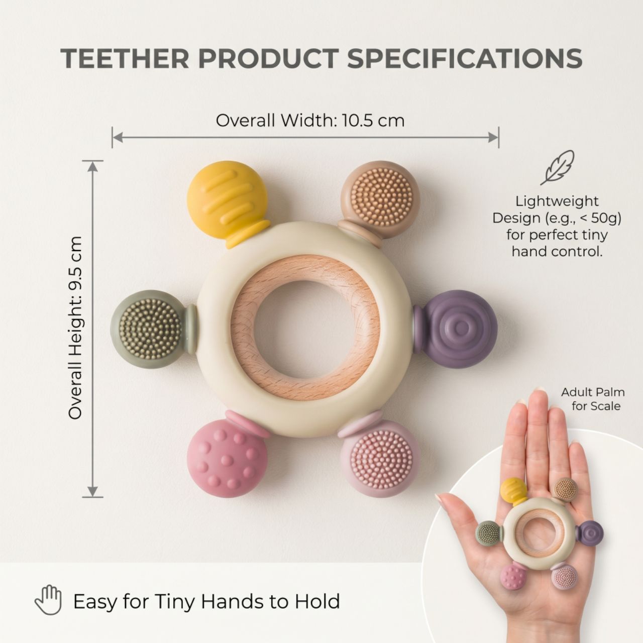 Blushbaby Silicone & Wooden Baby Teether for 3+ Months Babies | BPA Free Soft Chew Teething Ring for Infants & Newborns | Safe Sensory Teether for Gum Relief | Round Shape | Beige view 2