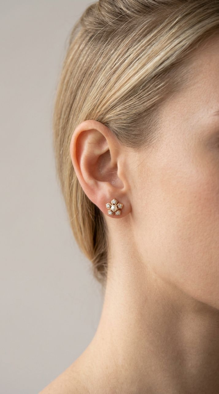 Floral Pearl Diamond Earrings view 2