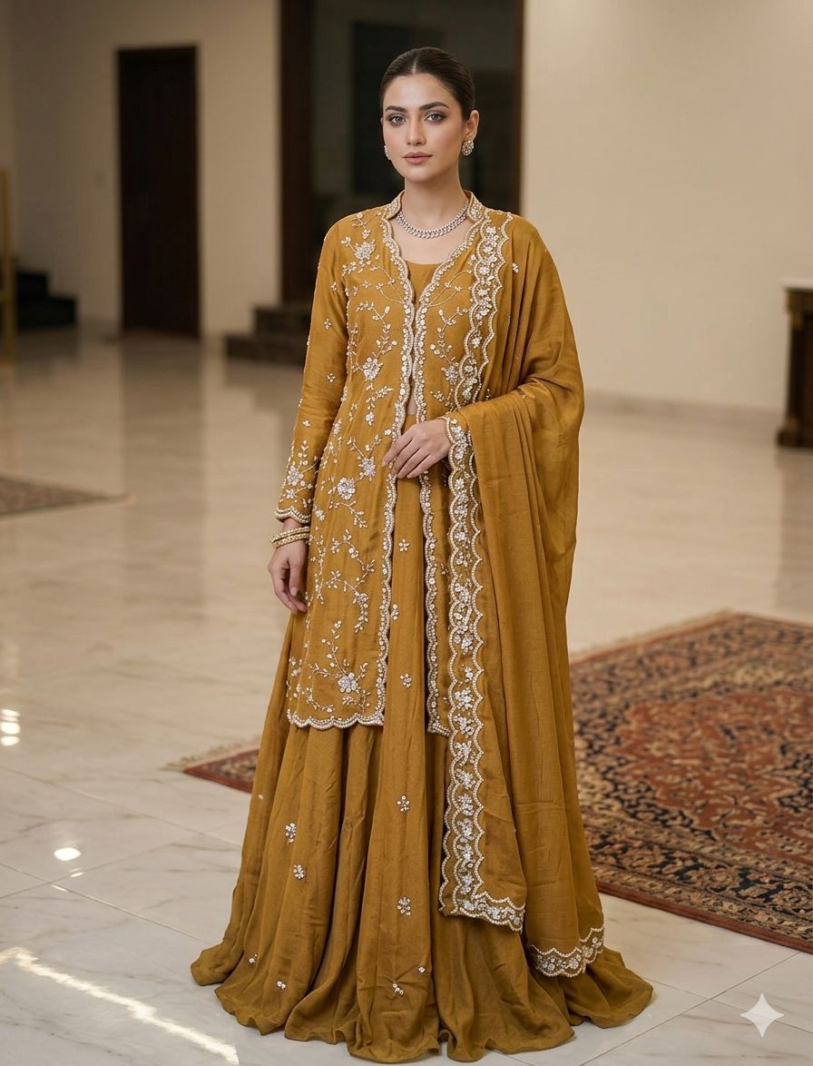 Embellished Olive Anarkali Set view 2