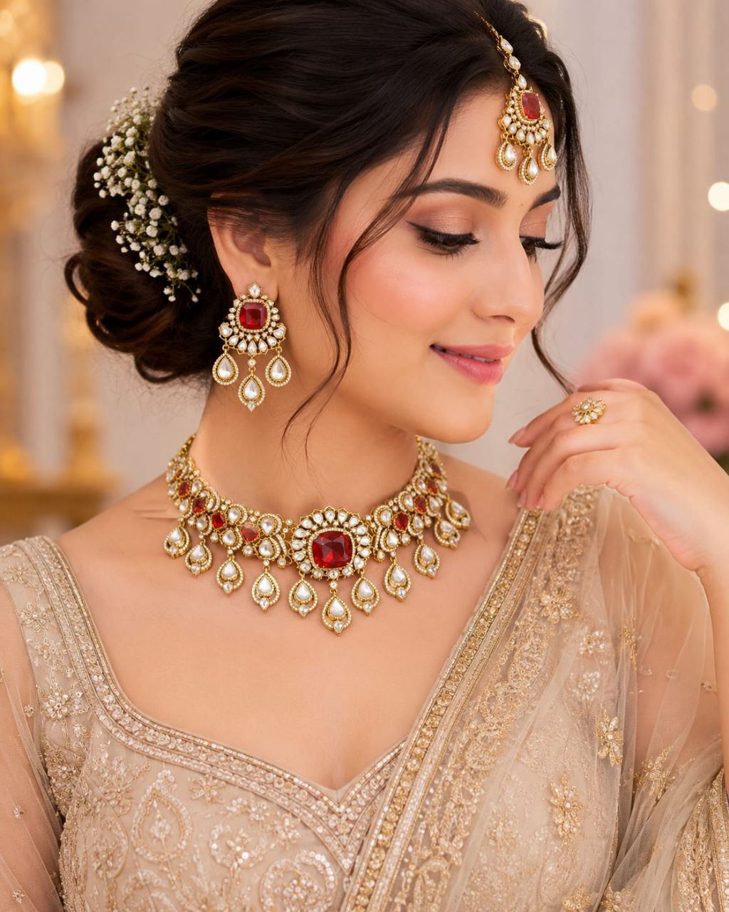 Victorian Red Kundan Necklace Set view 2