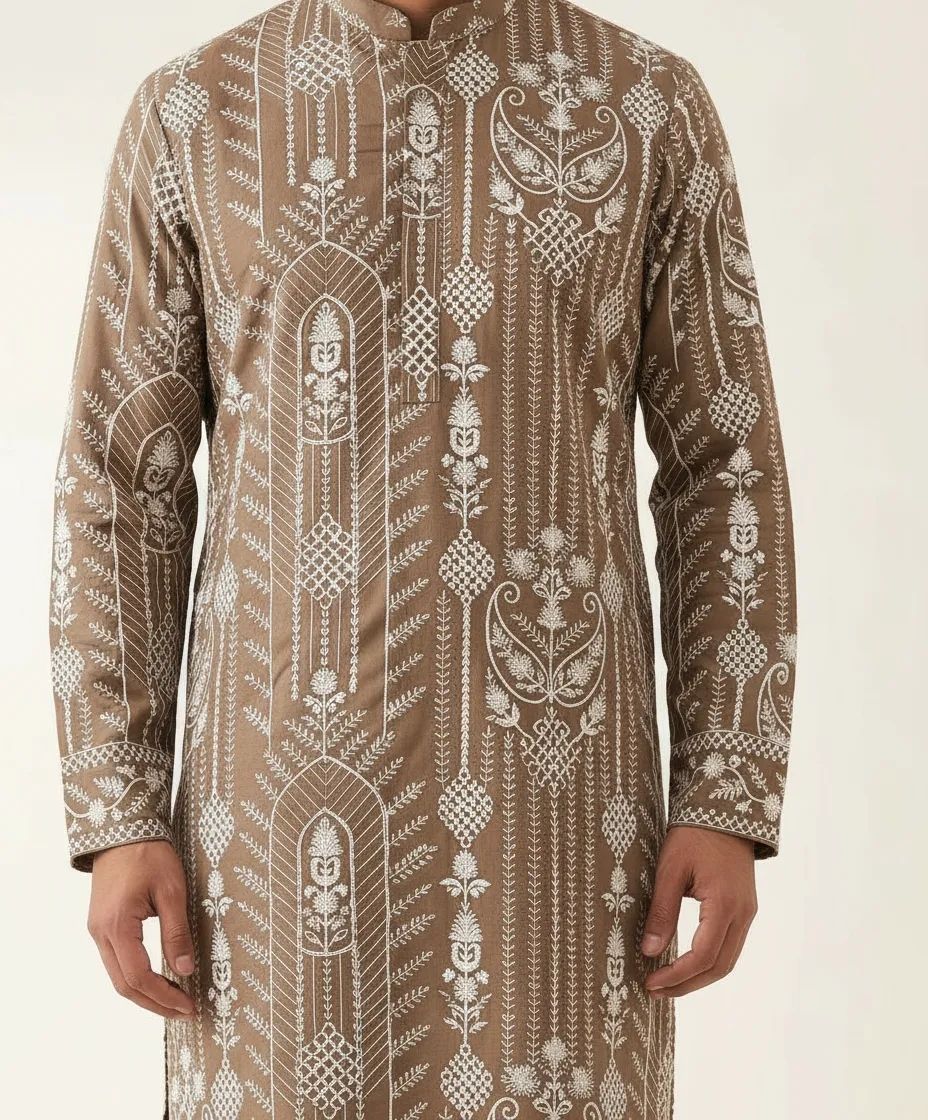 Brown Silk Embroided Kurta Pant Set view 2