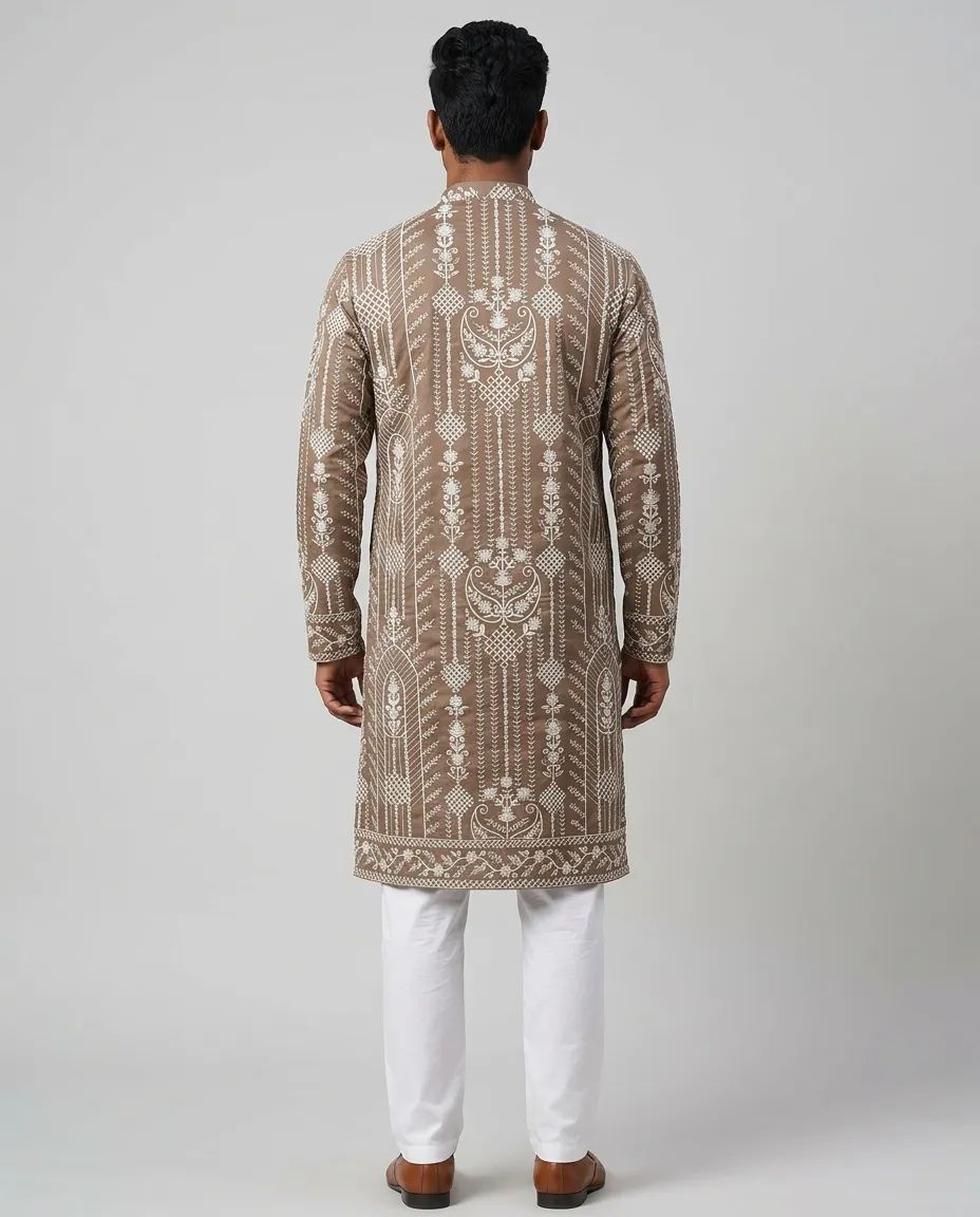 Brown Silk Embroided Kurta Pant Set view 3