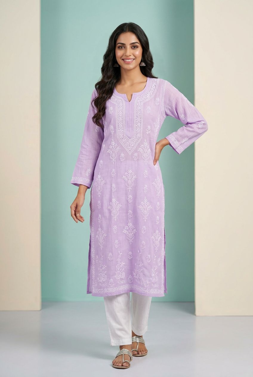 Mul Chanderi Pink Chikan Embroidered Kurta view 3