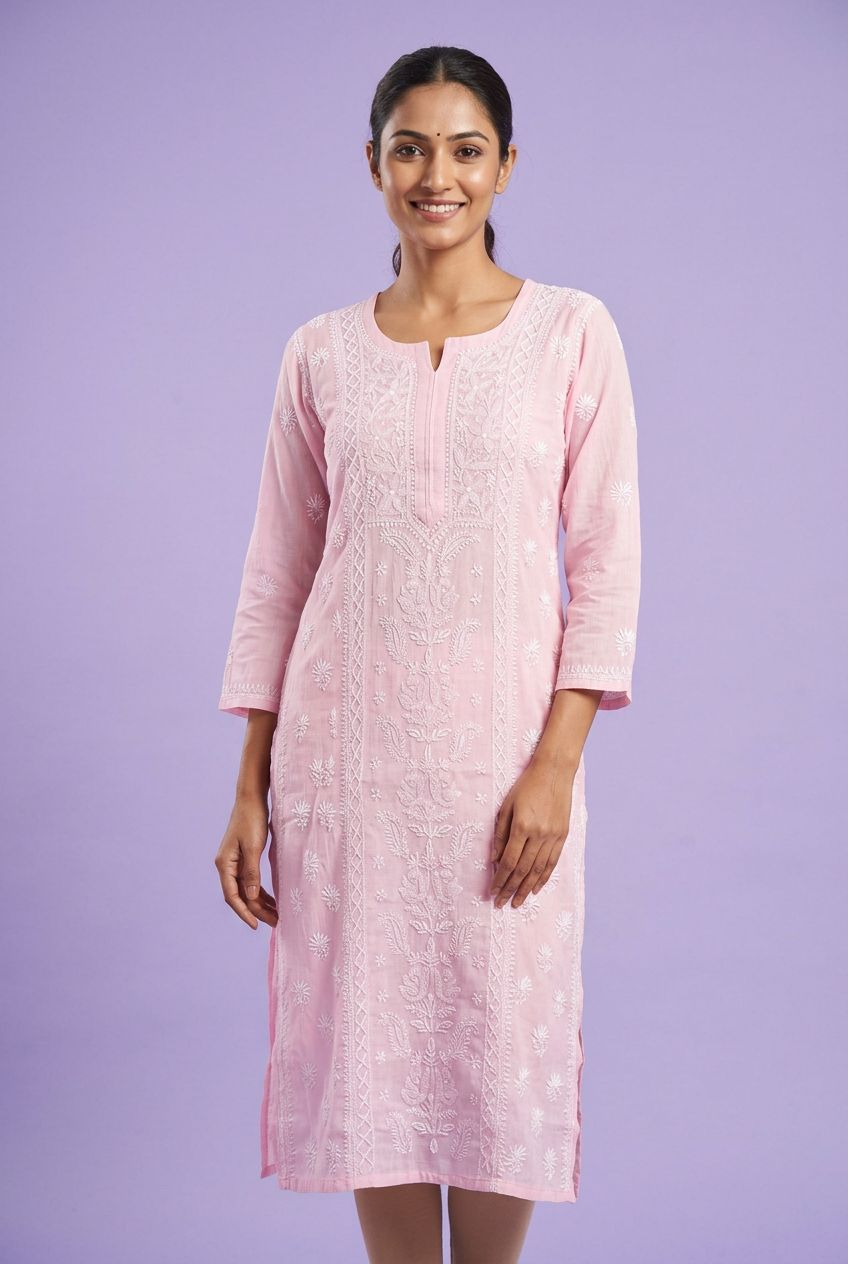 Mul Chanderi Pink Chikan Embroidered Kurta view 4