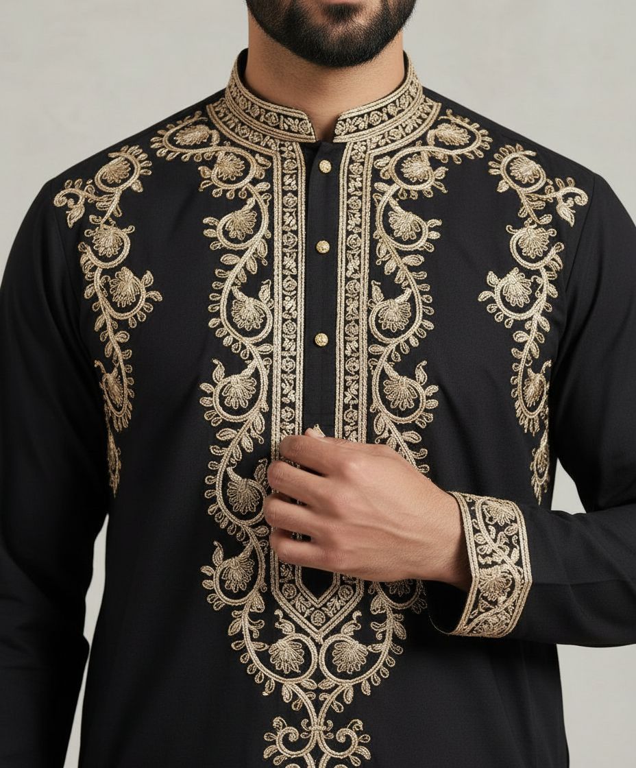 Royal Black Embroidery Kurta Pant Set view 2
