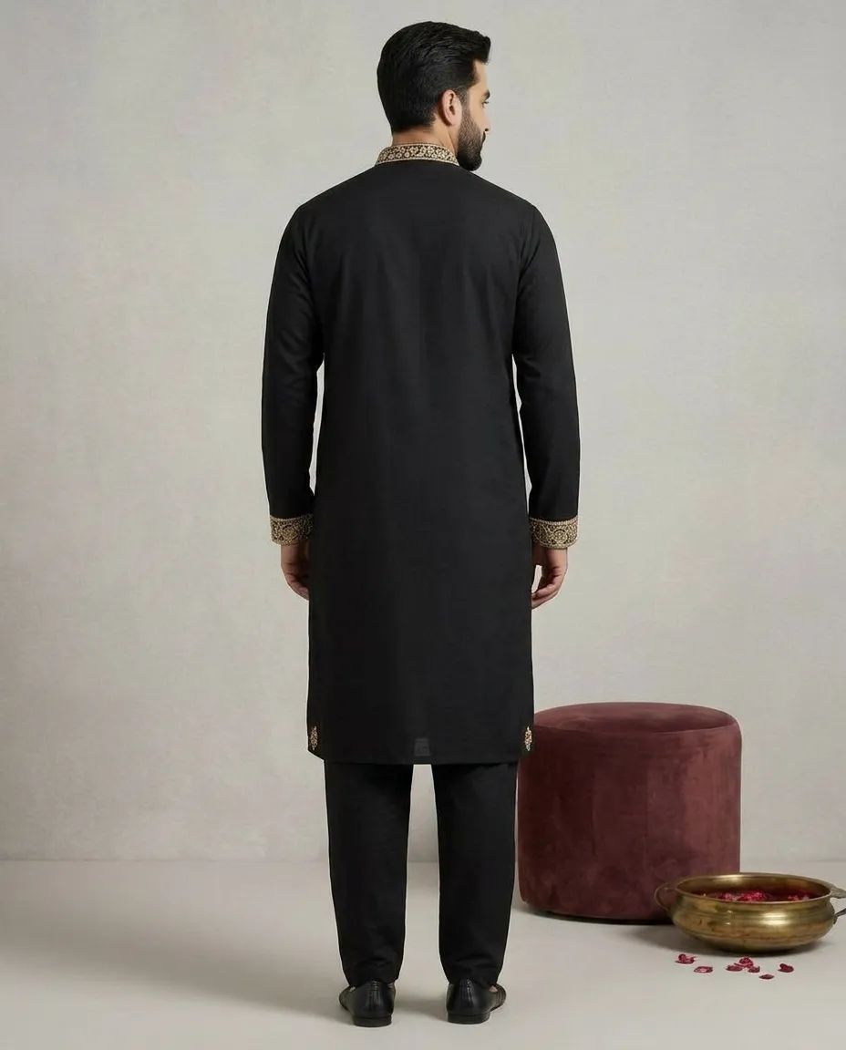 Royal Black Embroidery Kurta Pant Set view 3