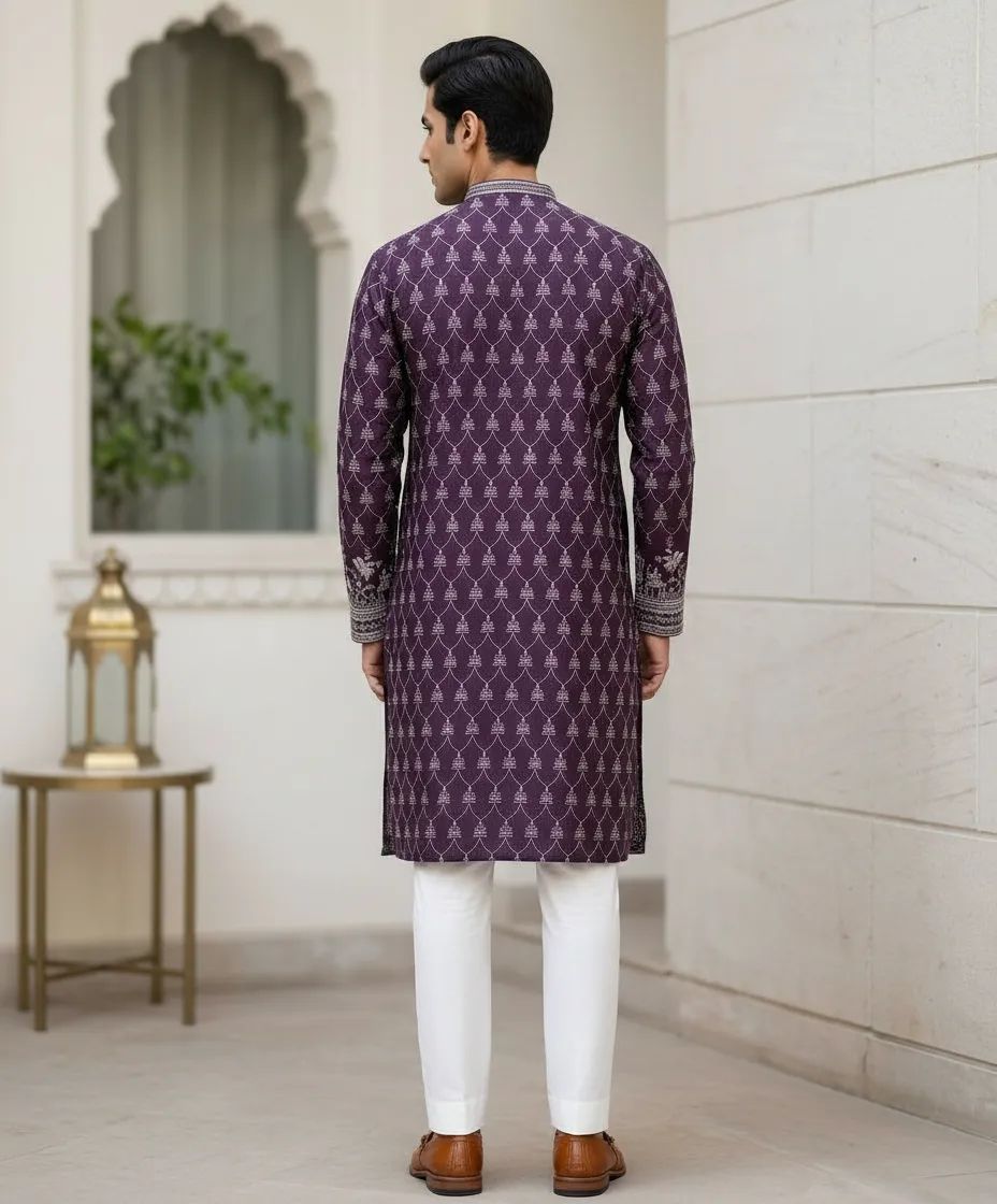 Elegant Purple Embroidered Silk Kurta Pant Set view 3