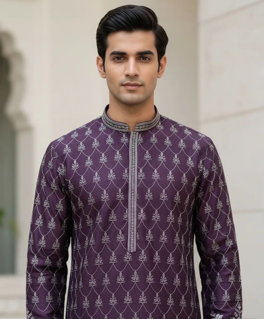 Elegant Purple Embroidered Silk Kurta Pant Set view 2
