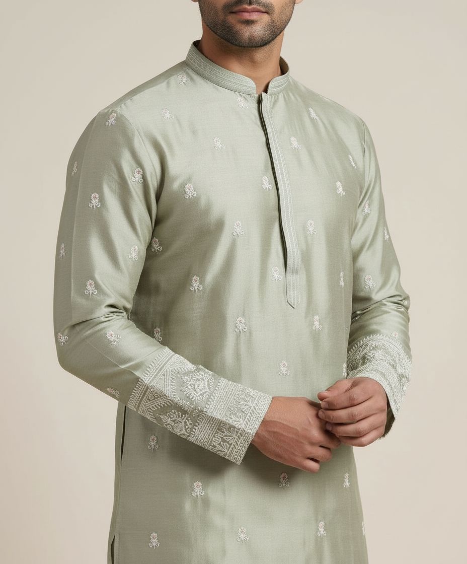 Fresh Green Silk Embroidered Kurta Pant Set view 3
