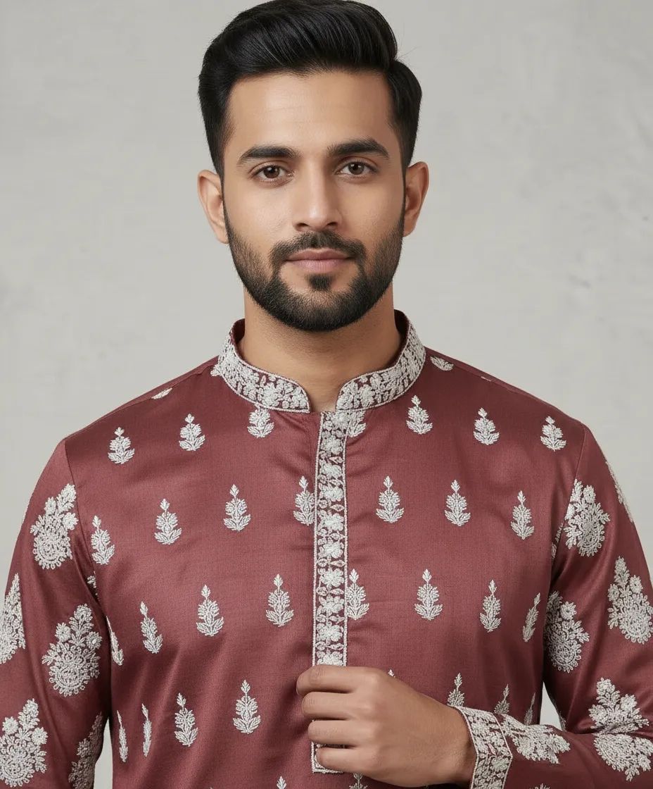 Maroon Embroided Silk Kurta Pant Set view 2