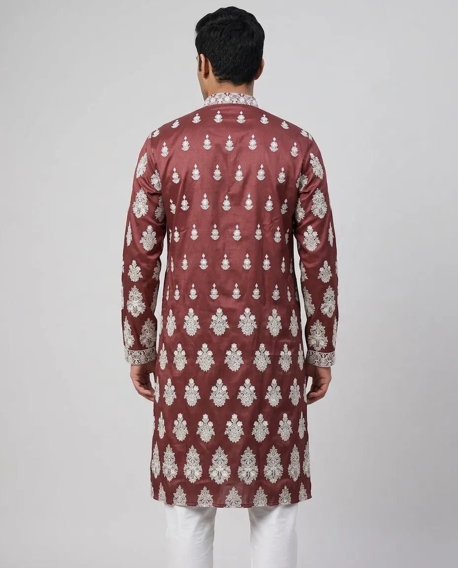 Maroon Embroided Silk Kurta Pant Set view 3