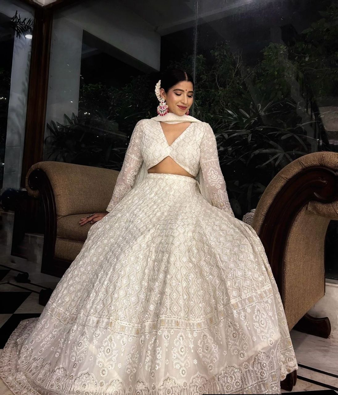 Off White Chikankari Lehenga view 5