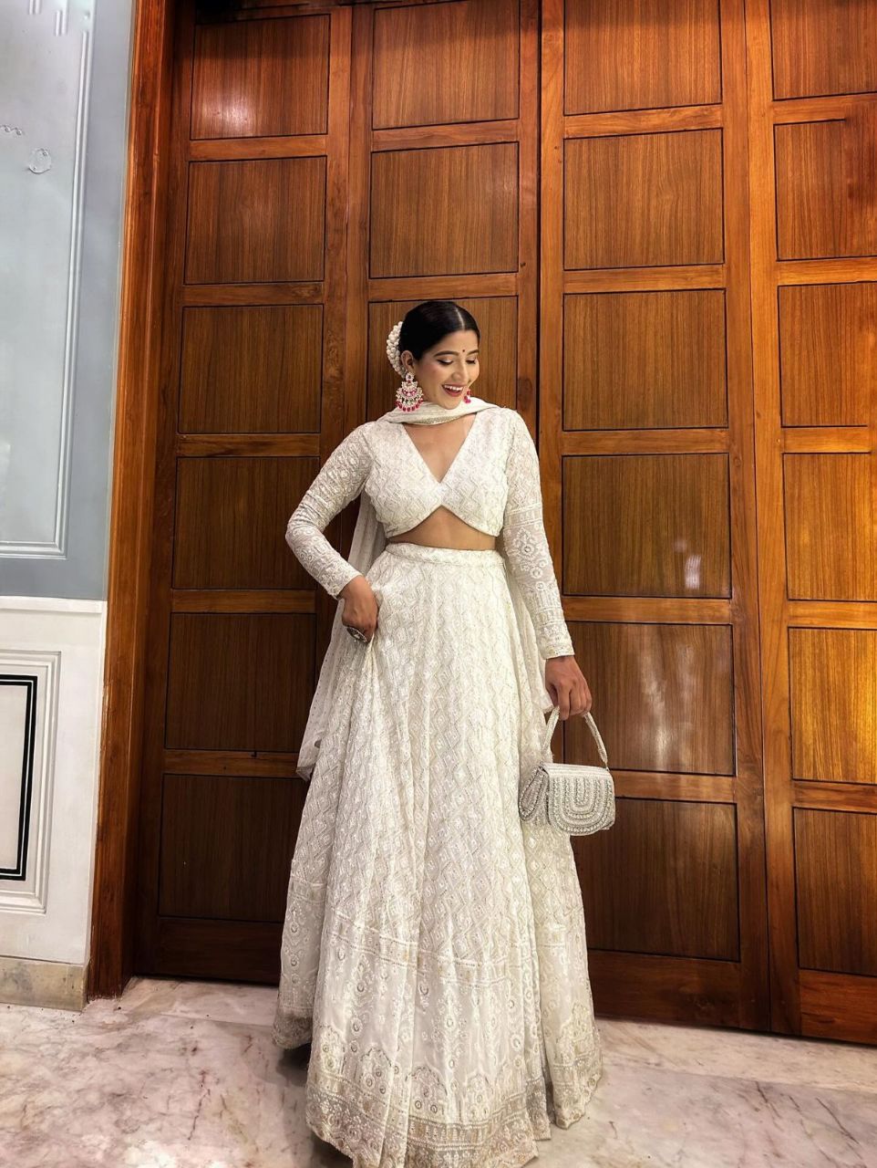 Off White Chikankari Lehenga view 7