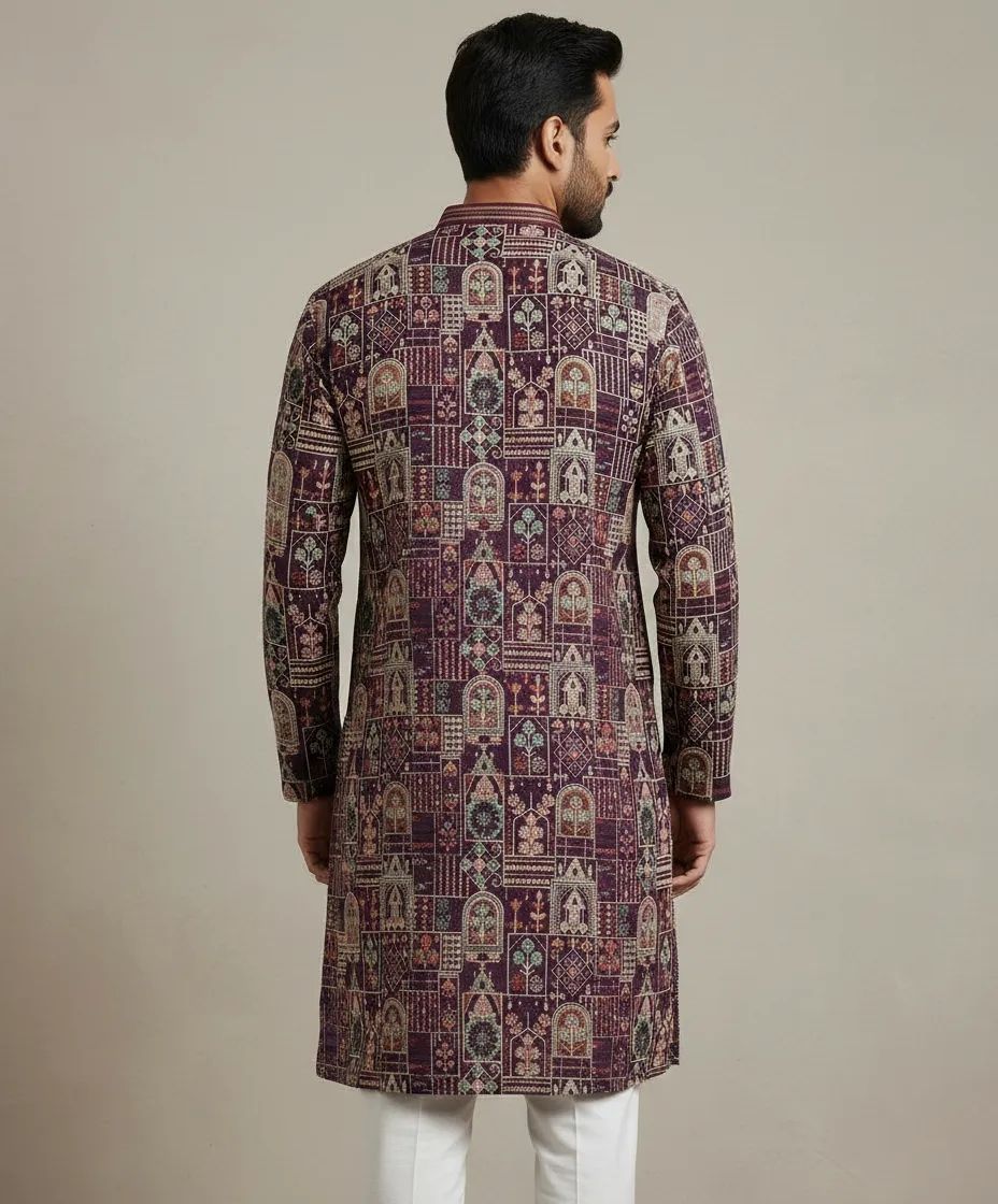 Purple Heavy Embroidery Silk Kurta Pant Set view 2