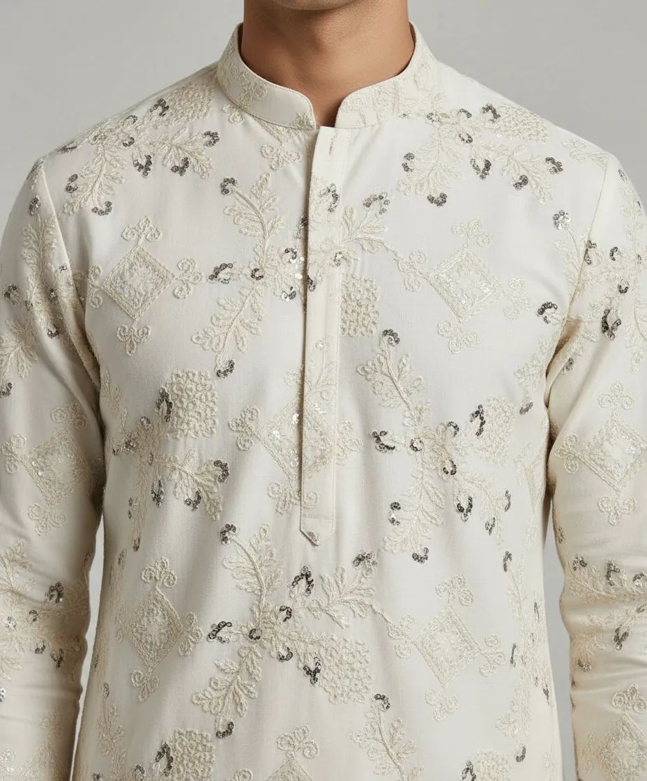 lvory Embroided Silk kurta Pant Set view 2