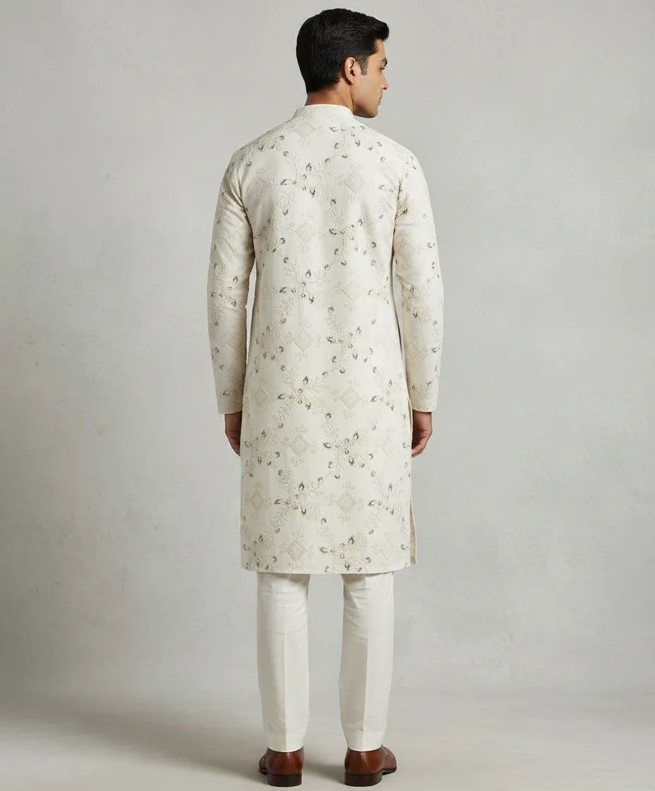 lvory Embroided Silk kurta Pant Set view 3