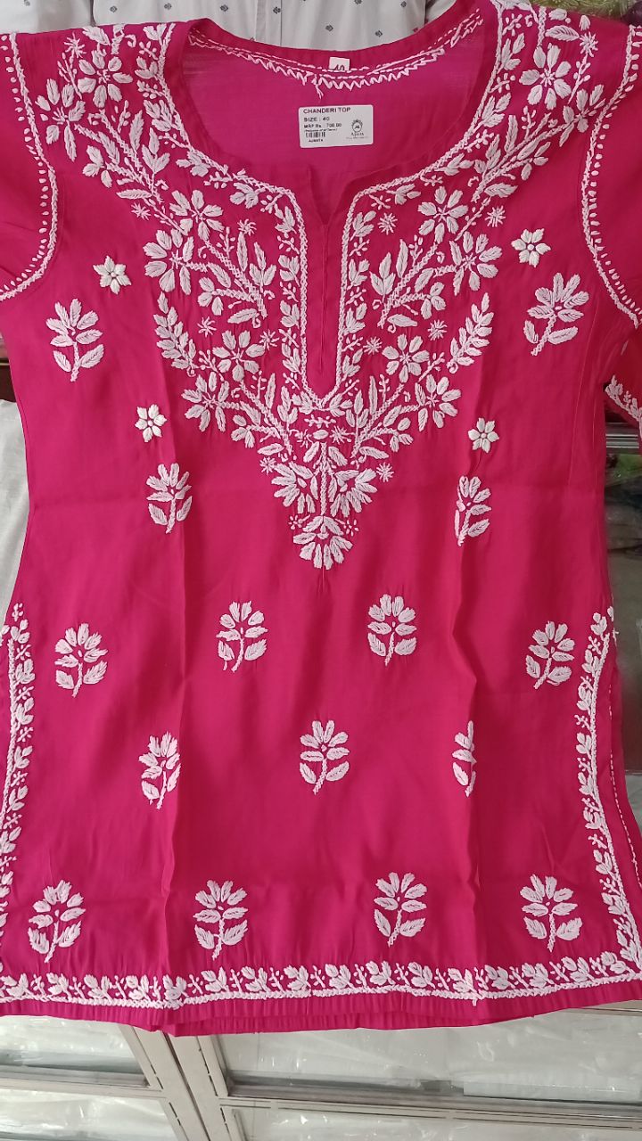 Chanderi Short Chikankari Top(Large) view 2