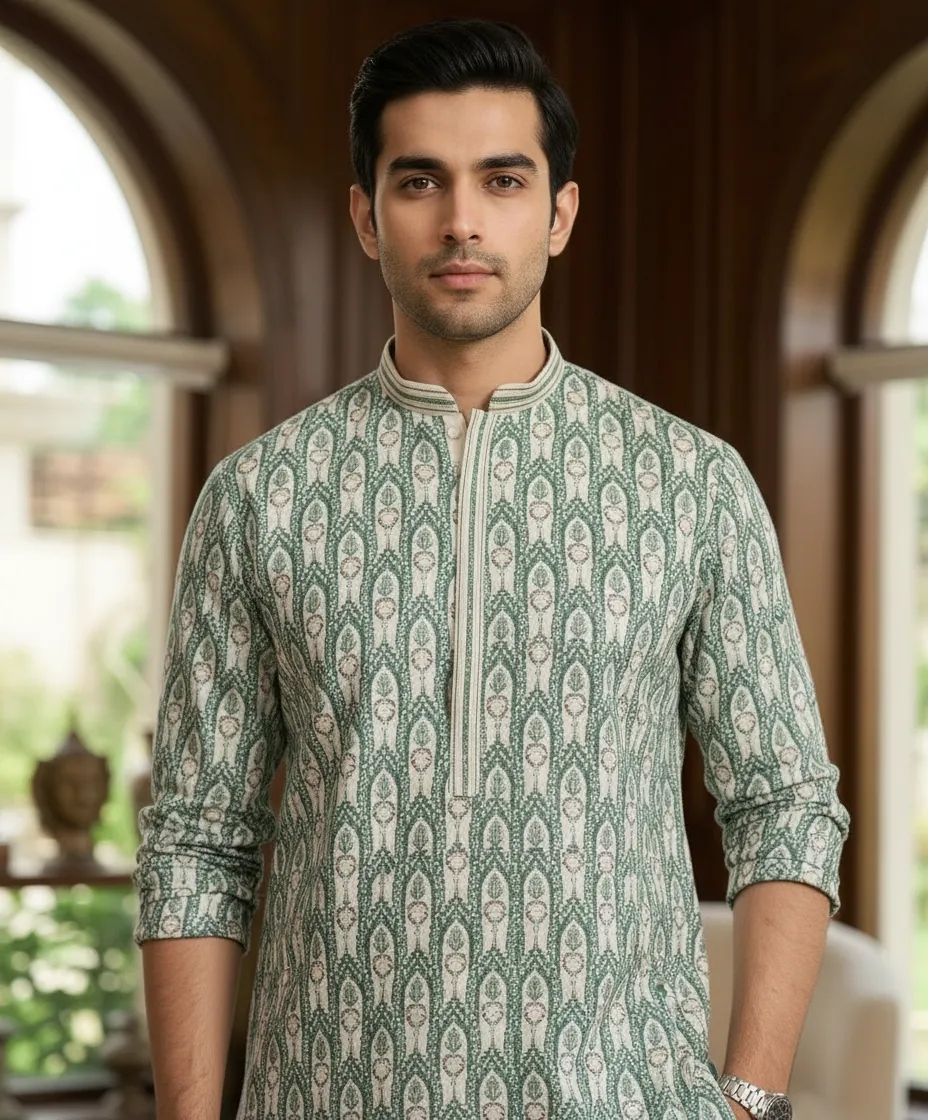 Sage green Silk Embroidered Kurta With Pants view 2