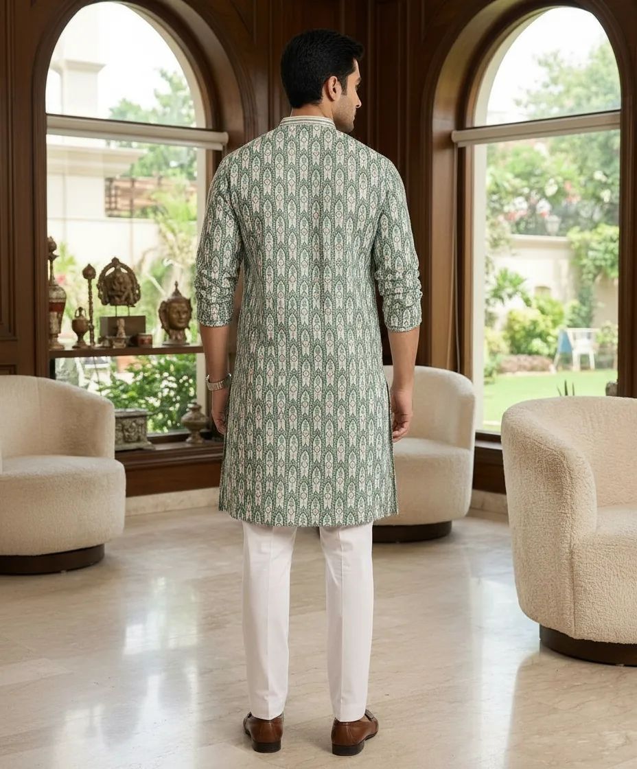 Sage green Silk Embroidered Kurta With Pants view 3