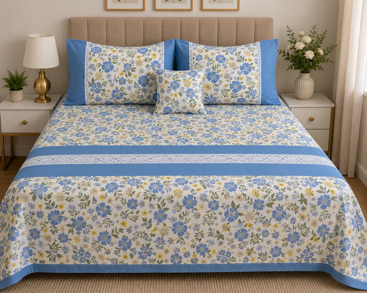 Premium Floral Bedcover with Lace Border: view 2