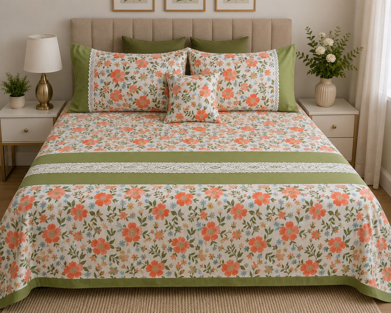 Premium Floral Bedcover with Lace Border: view 3