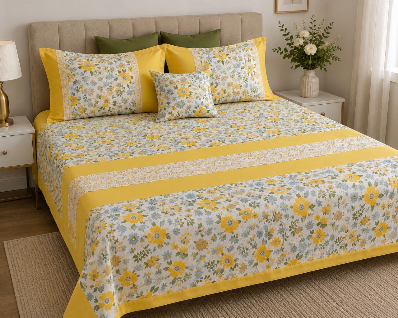 Premium Floral Bedcover with Lace Border: view 4