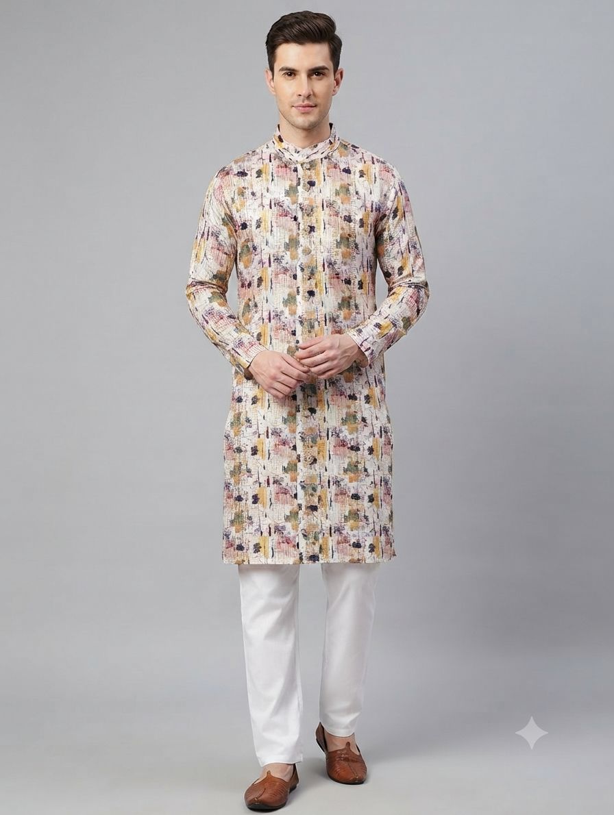 Printed Kurta Zari Work Razor view 3